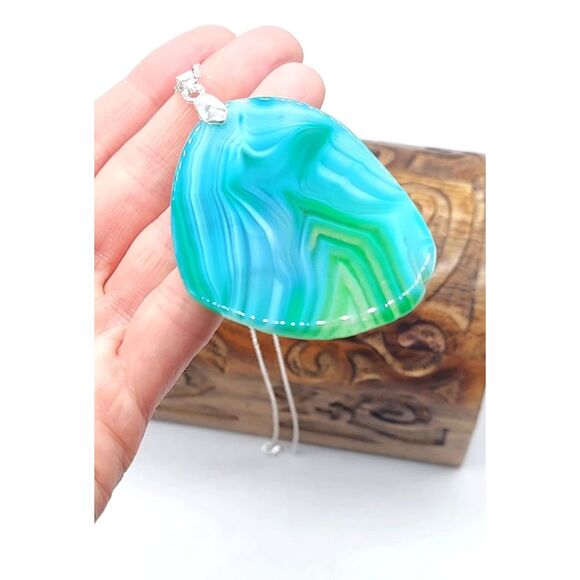 Large Agate Crystal Necklace Blue Green Stone Statement Pendant - Picture 2 of 4